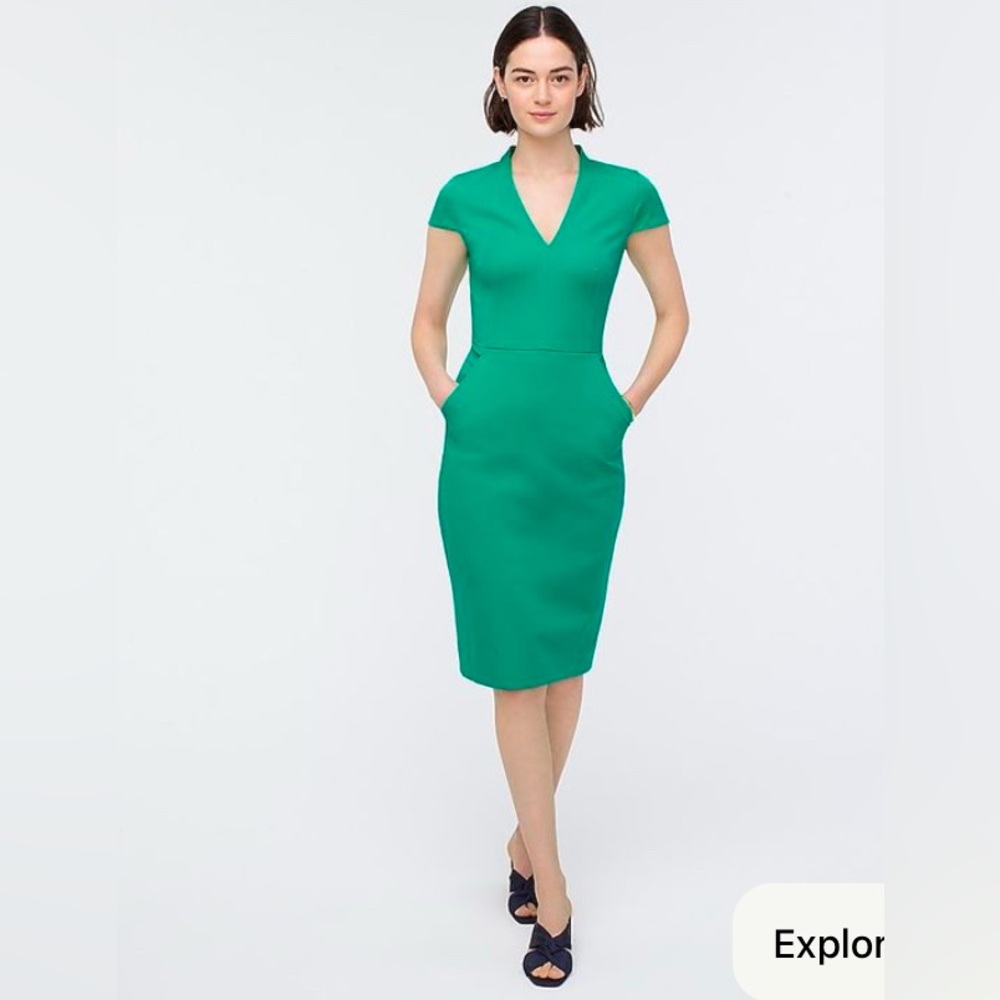 J. Crew Green Sheath Midi Dress V-Neck Short Sleeve